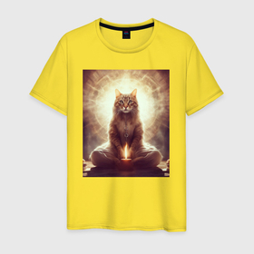 Мужская футболка хлопок с принтом Магический кот с огнем в Санкт-Петербурге, 100% хлопок | прямой крой, круглый вырез горловины, длина до линии бедер, слегка спущенное плечо. | Тематика изображения на принте: 
