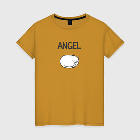 Женская футболка хлопок с принтом Минималистичный кот ангел в Курске, 100% хлопок | прямой крой, круглый вырез горловины, длина до линии бедер, слегка спущенное плечо | 