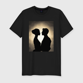 Мужская футболка хлопок Slim с принтом Силуэт влюбленной пары в Тюмени, 92% хлопок, 8% лайкра | приталенный силуэт, круглый вырез ворота, длина до линии бедра, короткий рукав | Тематика изображения на принте: 