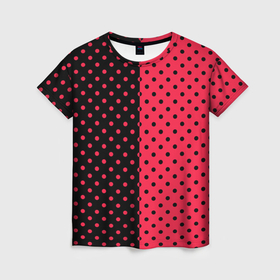 Женская футболка 3D с принтом Розовый в горошек пополам в Тюмени, 100% полиэфир ( синтетическое хлопкоподобное полотно) | прямой крой, круглый вырез горловины, длина до линии бедер | 
