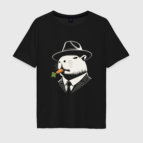 Мужская футболка хлопок Oversize с принтом Капибара гангстер с морковкой в Петрозаводске, 100% хлопок | свободный крой, круглый ворот, “спинка” длиннее передней части | Тематика изображения на принте: 
