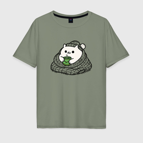 Мужская футболка хлопок Oversize с принтом Укутанный котик с горячим чаем в Петрозаводске, 100% хлопок | свободный крой, круглый ворот, “спинка” длиннее передней части | 