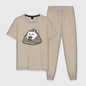 Мужская пижама хлопок с принтом Укутанный котик с горячим чаем в Петрозаводске, 100% хлопок | брюки и футболка прямого кроя, без карманов, на брюках мягкая резинка на поясе и по низу штанин
 | 