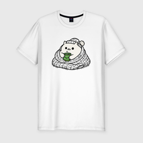 Мужская футболка хлопок Slim с принтом Укутанный котик с горячим чаем в Петрозаводске, 92% хлопок, 8% лайкра | приталенный силуэт, круглый вырез ворота, длина до линии бедра, короткий рукав | 