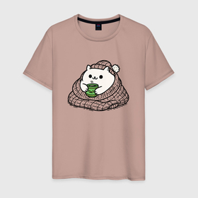 Мужская футболка хлопок с принтом Укутанный котик с горячим чаем в Петрозаводске, 100% хлопок | прямой крой, круглый вырез горловины, длина до линии бедер, слегка спущенное плечо. | 
