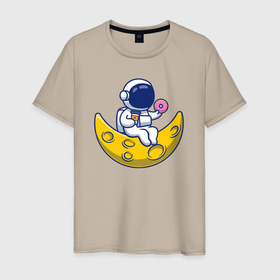 Мужская футболка хлопок с принтом Космонавт на луне с пончиком в Кировске, 100% хлопок | прямой крой, круглый вырез горловины, длина до линии бедер, слегка спущенное плечо. | 