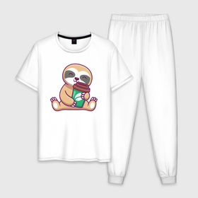 Мужская пижама хлопок с принтом Ленивец и кофе , 100% хлопок | брюки и футболка прямого кроя, без карманов, на брюках мягкая резинка на поясе и по низу штанин
 | 