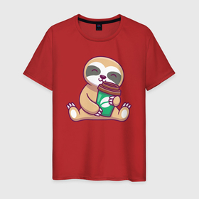 Мужская футболка хлопок с принтом Ленивец и кофе , 100% хлопок | прямой крой, круглый вырез горловины, длина до линии бедер, слегка спущенное плечо. | 