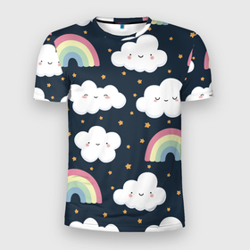 Мужская футболка 3D Slim с принтом Облака и радуги pattern в Кировске, 100% полиэстер с улучшенными характеристиками | приталенный силуэт, круглая горловина, широкие плечи, сужается к линии бедра | 