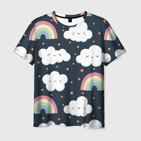 Мужская футболка 3D с принтом Облака и радуги pattern в Екатеринбурге, 100% полиэфир | прямой крой, круглый вырез горловины, длина до линии бедер | 