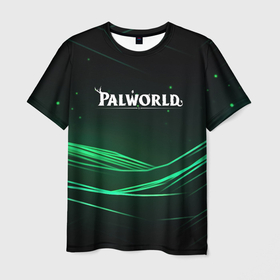 Мужская футболка 3D с принтом Palworld логотип черный зеленый фон в Екатеринбурге, 100% полиэфир | прямой крой, круглый вырез горловины, длина до линии бедер | 