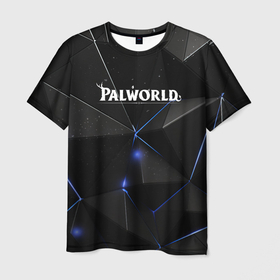 Мужская футболка 3D с принтом Palworld лого на черном стильном фоне в Курске, 100% полиэфир | прямой крой, круглый вырез горловины, длина до линии бедер | 