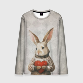 Мужской лонгслив 3D с принтом Влюблённый кролик в свитере с сердцем , 100% полиэстер | длинные рукава, круглый вырез горловины, полуприлегающий силуэт | 