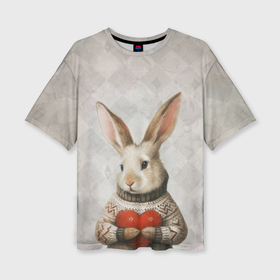 Женская футболка oversize 3D с принтом Влюблённый кролик в свитере с сердцем в Екатеринбурге,  |  | 