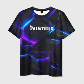 Мужская футболка 3D с принтом Palworld логотип на черных неоновых плитах в Санкт-Петербурге, 100% полиэфир | прямой крой, круглый вырез горловины, длина до линии бедер | 