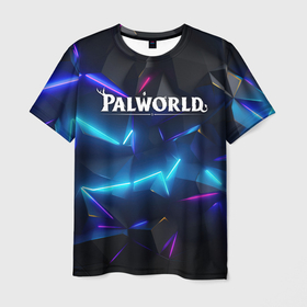 Мужская футболка 3D с принтом Palworld логотип   на ярких неоновых плитах в Новосибирске, 100% полиэфир | прямой крой, круглый вырез горловины, длина до линии бедер | Тематика изображения на принте: 