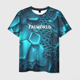 Мужская футболка 3D с принтом Palworld логотип на  ярких синих неоновых плитах в Курске, 100% полиэфир | прямой крой, круглый вырез горловины, длина до линии бедер | 