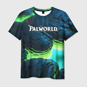 Мужская футболка 3D с принтом Palworld логотип на ярких синих и зеленых неоновых плитах в Екатеринбурге, 100% полиэфир | прямой крой, круглый вырез горловины, длина до линии бедер | 