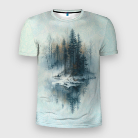 Мужская футболка 3D Slim с принтом Островок в зимнем лесу в Екатеринбурге, 100% полиэстер с улучшенными характеристиками | приталенный силуэт, круглая горловина, широкие плечи, сужается к линии бедра | 