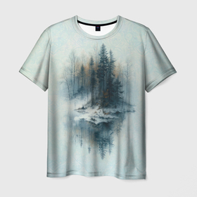 Мужская футболка 3D с принтом Островок в зимнем лесу в Тюмени, 100% полиэфир | прямой крой, круглый вырез горловины, длина до линии бедер | Тематика изображения на принте: 