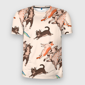 Мужская футболка 3D Slim с принтом Коты и рыба в Петрозаводске, 100% полиэстер с улучшенными характеристиками | приталенный силуэт, круглая горловина, широкие плечи, сужается к линии бедра | 