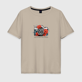 Мужская футболка хлопок Oversize с принтом Фотоаппарат с цветами , 100% хлопок | свободный крой, круглый ворот, “спинка” длиннее передней части | 