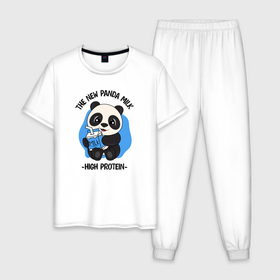 Мужская пижама хлопок с принтом Панда с молоком , 100% хлопок | брюки и футболка прямого кроя, без карманов, на брюках мягкая резинка на поясе и по низу штанин
 | Тематика изображения на принте: 