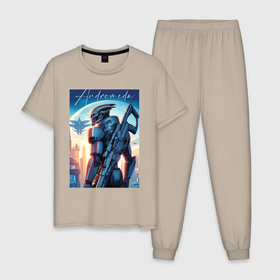 Мужская пижама хлопок с принтом Mass Effect   alien andromeda ai art в Санкт-Петербурге, 100% хлопок | брюки и футболка прямого кроя, без карманов, на брюках мягкая резинка на поясе и по низу штанин
 | 