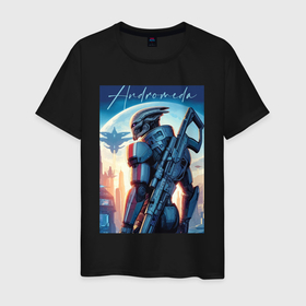 Мужская футболка хлопок с принтом Mass Effect   alien andromeda ai art в Санкт-Петербурге, 100% хлопок | прямой крой, круглый вырез горловины, длина до линии бедер, слегка спущенное плечо. | 