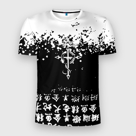 Мужская футболка 3D Slim с принтом Fullmetal Alchemist текстура иероглифы в Новосибирске, 100% полиэстер с улучшенными характеристиками | приталенный силуэт, круглая горловина, широкие плечи, сужается к линии бедра | 