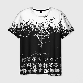 Мужская футболка 3D с принтом Fullmetal Alchemist текстура иероглифы в Новосибирске, 100% полиэфир | прямой крой, круглый вырез горловины, длина до линии бедер | Тематика изображения на принте: 