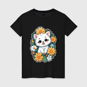 Женская футболка хлопок с принтом Кошечка в цветах , 100% хлопок | прямой крой, круглый вырез горловины, длина до линии бедер, слегка спущенное плечо | 