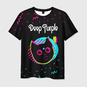 Мужская футболка 3D с принтом Deep Purple   rock star cat , 100% полиэфир | прямой крой, круглый вырез горловины, длина до линии бедер | 