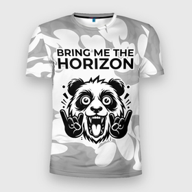 Мужская футболка 3D Slim с принтом Bring Me the Horizon рок панда на светлом фоне в Белгороде, 100% полиэстер с улучшенными характеристиками | приталенный силуэт, круглая горловина, широкие плечи, сужается к линии бедра | 