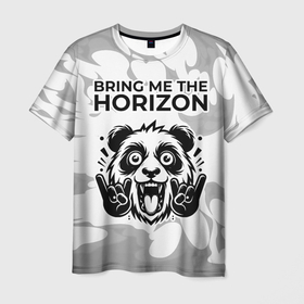 Мужская футболка 3D с принтом Bring Me the Horizon рок панда на светлом фоне в Тюмени, 100% полиэфир | прямой крой, круглый вырез горловины, длина до линии бедер | Тематика изображения на принте: 