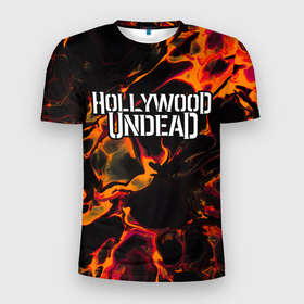 Мужская футболка 3D Slim с принтом Hollywood Undead red lava в Санкт-Петербурге, 100% полиэстер с улучшенными характеристиками | приталенный силуэт, круглая горловина, широкие плечи, сужается к линии бедра | Тематика изображения на принте: 