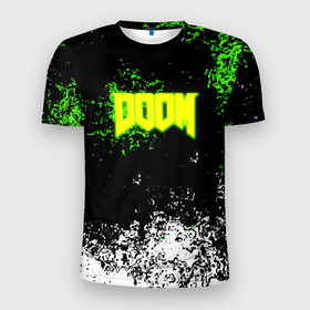 Мужская футболка 3D Slim с принтом Doom токсичное лого краски в Петрозаводске, 100% полиэстер с улучшенными характеристиками | приталенный силуэт, круглая горловина, широкие плечи, сужается к линии бедра | 
