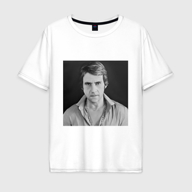 Мужская футболка хлопок Oversize с принтом Портрет Владимир Высоцкий в Санкт-Петербурге, 100% хлопок | свободный крой, круглый ворот, “спинка” длиннее передней части | 