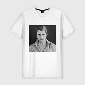 Мужская футболка хлопок Slim с принтом Портрет Владимир Высоцкий в Санкт-Петербурге, 92% хлопок, 8% лайкра | приталенный силуэт, круглый вырез ворота, длина до линии бедра, короткий рукав | 