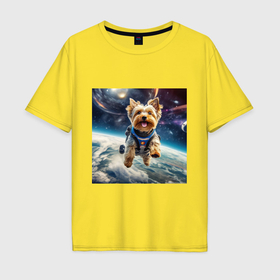 Мужская футболка хлопок Oversize с принтом Йоркширский терьер в космосе в Белгороде, 100% хлопок | свободный крой, круглый ворот, “спинка” длиннее передней части | 