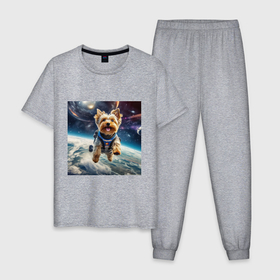 Мужская пижама хлопок с принтом Йоркширский терьер в космосе , 100% хлопок | брюки и футболка прямого кроя, без карманов, на брюках мягкая резинка на поясе и по низу штанин
 | 