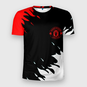 Мужская футболка 3D Slim с принтом Manchester United flame fc в Петрозаводске, 100% полиэстер с улучшенными характеристиками | приталенный силуэт, круглая горловина, широкие плечи, сужается к линии бедра | 