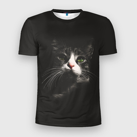Мужская футболка 3D Slim с принтом Красивый котейка в Петрозаводске, 100% полиэстер с улучшенными характеристиками | приталенный силуэт, круглая горловина, широкие плечи, сужается к линии бедра | 
