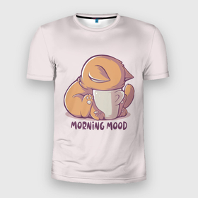 Мужская футболка 3D Slim с принтом Morning mood   cat в Белгороде, 100% полиэстер с улучшенными характеристиками | приталенный силуэт, круглая горловина, широкие плечи, сужается к линии бедра | 