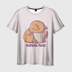 Мужская футболка 3D с принтом Morning mood   cat в Курске, 100% полиэфир | прямой крой, круглый вырез горловины, длина до линии бедер | 