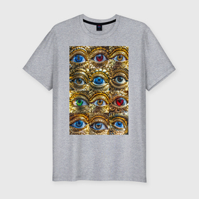 Мужская футболка хлопок Slim с принтом Глаза разноцветные из золота в стиле стимпанк в Белгороде, 92% хлопок, 8% лайкра | приталенный силуэт, круглый вырез ворота, длина до линии бедра, короткий рукав | 