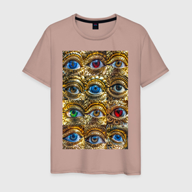 Мужская футболка хлопок с принтом Глаза разноцветные из золота в стиле стимпанк в Белгороде, 100% хлопок | прямой крой, круглый вырез горловины, длина до линии бедер, слегка спущенное плечо. | 
