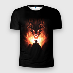 Мужская футболка 3D Slim с принтом Котик воин против дракона в Петрозаводске, 100% полиэстер с улучшенными характеристиками | приталенный силуэт, круглая горловина, широкие плечи, сужается к линии бедра | 