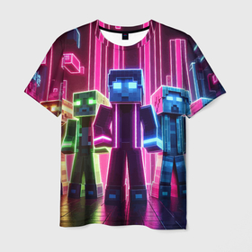 Мужская футболка 3D с принтом Minecraft characters   neon glow в Кировске, 100% полиэфир | прямой крой, круглый вырез горловины, длина до линии бедер | Тематика изображения на принте: 