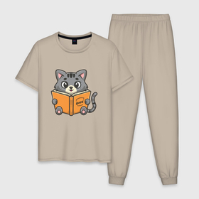 Мужская пижама хлопок с принтом Кот читает в Новосибирске, 100% хлопок | брюки и футболка прямого кроя, без карманов, на брюках мягкая резинка на поясе и по низу штанин
 | Тематика изображения на принте: 